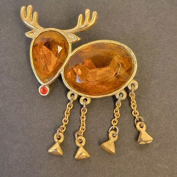 Vintage Amber Tone Crystal Dear Shaped Brooch Collectible Jewelry Gift For Her - Picture 3 of 6